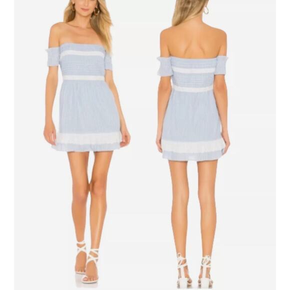 NWT House of Harlow x Revolve Adeline Off The‎ Shoulder Dress, Blue Stripe, Sz M - Picture 1 of 6